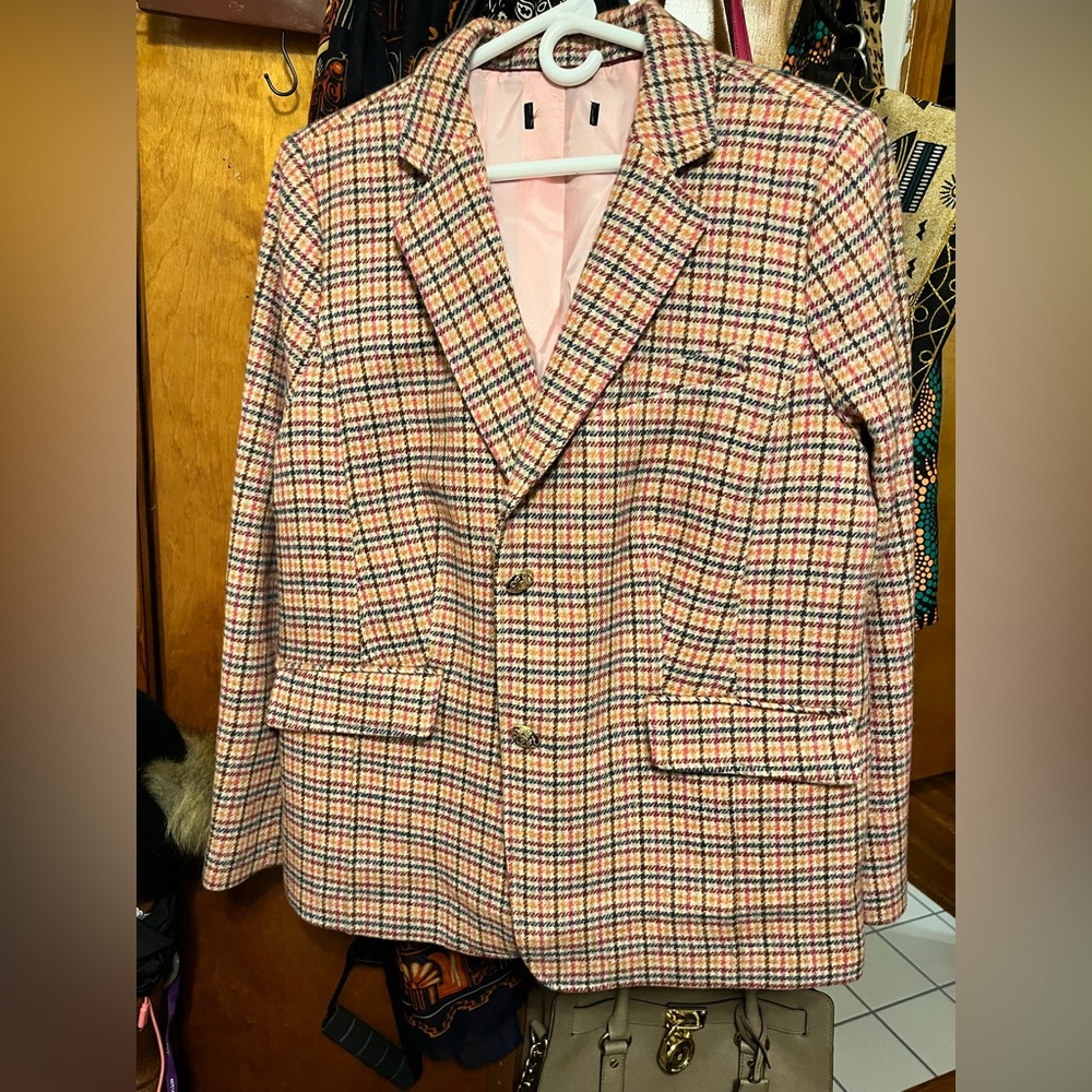 Wool-Blend Tweed Blazer with Gold Crest Buttons
